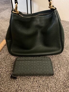 Coach Dark Green Pebbled Leather Shoulder bag. With matching Coach green wallet